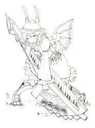  1girl animal_ears bird_ears bird_wings boots dress frilled_dress frilled_sleeves frills full_body getsuyou_yasumi greyscale hat highres holding holding_weapon knee_boots long_sleeves monochrome mystia_lorelei one_eye_closed open_mouth simple_background sleeve_garter smile solo touhou weapon white_background winged_hat wings 