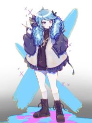 1girl absurdres alternate_costume black_bow black_footwear black_hoodie blue_background blue_eyes blue_hair bow breasts drill_hair full_body gradient_background grey_background grey_jacket gwen_(league_of_legends) hair_bow highres holding holding_scissors hood hoodie jacket league_of_legends long_hair long_sleeves looking_to_the_side park_ogre puffy_long_sleeves puffy_sleeves scissors smile solo standing twin_drills rating:Sensitive score:7 user:danbooru