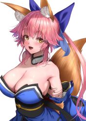  1girl :d absurdres animal_ear_fluff animal_ears arms_behind_back breasts choker cleavage detached_sleeves fate/extra fate/grand_order fate_(series) fox_ears fox_tail hair_ribbon highres japanese_clothes kamehito open_mouth pink_hair ribbon smile tail tamamo_(fate) tamamo_no_mae_(fate/extra) twintails white_choker yellow_eyes 