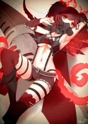  1girl arm_up armpits bad_id bad_pixiv_id bare_shoulders belt black_shorts boots breasts cape code_vein crop_top gas_mask glowing glowing_eyes hand_up highres long_hair looking_at_viewer lying mask medium_breasts midriff nail_polish navel on_back protagonist_(code_vein) red_eyes red_hair red_nails red_thighhighs sana_hamada short_shorts shorts signature skindentation sleeveless solo stomach suspenders tail thigh_strap thighhighs twintails underboob  rating:Sensitive score:26 user:danbooru