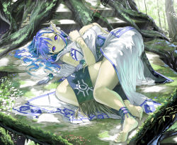 1girl anklet bad_anatomy bad_feet bad_id bad_pixiv_id barefoot blue_hair bracelet breasts elf feet forest grass hair_ornament hairclip hand_on_another&#039;s_chest hands_on_own_chest jewelry large_breasts legs light_rays long_hair lying moss mushroom nakabayashi_reimei nature olha_(ys) outdoors pointy_ears poorly_drawn purple_eyes roots smile soles solo sunbeam sunlight toes tree ys ys_vi ys_vi_ark_of_napishtim rating:Sensitive score:35 user:danbooru