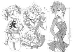  3girls alphonse_(white_datura) ass blush breasts cowboy_shot cropped_legs dress fundoshi greyscale highres holding holding_microphone idol japanese_clothes looking_at_viewer looking_back microphone mizu_happi monochrome multiple_girls open_mouth original short_hair short_twintails sketch skirt small_breasts smile twintails 