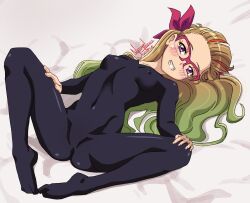 1girl anus ass black_bodysuit blush bodysuit breasts glasses gradient_hair highres multicolored_hair nanaeljustice naughty_face navel covered_erect_nipples ohdo_yuamu purple_eyes red_ribbon ribbon small_breasts spread_legs yu-gi-oh! yu-gi-oh!_go_rush!! rating:Questionable score:59 user:danbooru