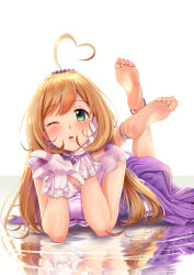 1girl ahoge anklet bare_legs barefoot beads blonde_hair blush breasts casino_(casinoep) dress eyebrows feet feet_up foot_focus full_body gloves green_eyes hair_beads hair_between_eyes hair_ornament hand_on_own_cheek hand_on_own_chin hand_on_own_face head_rest heart heart_ahoge highres idolmaster idolmaster_cinderella_girls jewelry lavender_gloves legs legs_up long_hair looking_at_viewer low_twintails lying lying_on_water medium_breasts non-web_source on_stomach one_eye_closed open_mouth purple_dress sato_shin simple_background smile soles solo the_pose toes tongue twintails water white_background rating:Sensitive score:129 user:spiderfan
