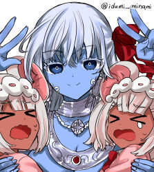  3girls animal_ears apron bare_shoulders blue_eyes blue_skin breasts cleavage closed_eyes closed_mouth colored_skin daikokuten_(fate) dark-skinned_female dark_skin double_v dress earrings extra_arms fate/grand_order fate_(series) hair_ribbon highres izumi_minami jewelry kali_(fate) large_breasts long_hair long_sleeves maid_headdress mouse_ears mouse_girl multiple_girls neck_ring necklace open_mouth pink_dress ribbon short_hair smile twintails v white_apron white_hair 