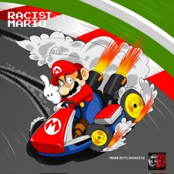 1boy angry blue_eyes brown_hair character_name crazy_eyes driving dust facial_hair gloves hat looking_at_viewer mario mario_(series) mario_kart mario_kart_8 middle_finger mustache nintendo overalls racing second-party_source