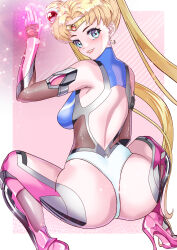 absurdres arion_canvas ass bishoujo_senshi_sailor_moon blonde_hair blue_eyes bodysuit boots breasts from_behind gloves hair_bun heart high_heels highres large_breasts long_hair looking_at_viewer looking_back magical_girl sailor_moon skin_tight smile taimanin_(series) taimanin_suit tsukino_usagi twintails