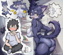  1boy 1girl absurdres age_progression ahoge animal_ears artist_name ball beer_can black_hair black_pants blue_hair blush bra breasts can censored censored_nipples child commentary_request drink_can fang furry furry_female highres iparupua jitome large_breasts leaning_forward novelty_censor open_mouth original panties pants refrigerator shirt short_hair short_sleeves shorts sitting soccer_ball t-shirt tail thought_bubble tomboy undersized_breast_cup underwear white_shirt wolf_ears wolf_girl wolf_tail yellow_eyes  rating:Questionable score:30 user:danbooru