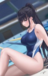 1girl absurdres arm_support bare_legs bare_shoulders black_hair blue_one-piece_swimsuit blurry blurry_background blush breasts commentary_request commission competition_swimsuit dutch_angle feet_out_of_frame from_side high_ponytail highleg highleg_swimsuit highres knee_up large_breasts leaning_back light_particles long_hair looking_at_viewer navel one-piece_swimsuit original pixiv_commission ponytail pool poolside sidelocks sitting solo swimsuit taut_clothes taut_swimsuit thighs two-tone_swimsuit very_long_hair yabacha rating:Sensitive score:45 user:danbooru