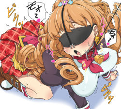 10s 1girl aikatsu! aikatsu!_(series) all_fours bell blindfold blush breasts collar covered_erect_nipples cowbell drill_hair ear_tag female_focus himesato_maria humiliation kani_club large_breasts leash long_hair miniskirt neck_bell nose_hook open_mouth pet_play simple_background skirt slave solo sweat translated trembling white_background rating:Questionable score:78 user:mrdie01
