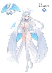  1girl :o absurdres blue_eyes blue_wings boots breasts bridal_gauntlets bridal_veil character_name cleavage clothing_cutout creature_and_personification dragon_girl dragon_tail feathered_wings full_body garter_straps hair_between_eyes halo hand_on_own_chest heart_cutout high_heels highres jewelry large_breasts leotard long_hair low_wings necklace open_mouth palworld personification quivern reference_inset reiko_lape simple_background solo tail thigh_boots thighhighs two-tone_wings veil white_background white_bridal_gauntlets white_hair white_halo white_leotard white_tail white_thighhighs white_wings wings  rating:Sensitive score:30 user:danbooru