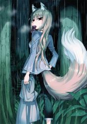  1girl absurdres animal_ears bag black_neckwear black_pants fern forest from_behind hand_on_own_hip highres holding holo koume_keito long_sleeves mouth_hold nature official_art pants purple_shirt rain red_eyes scan shirt smile solo spice_and_wolf tail tree water water_drop wet wet_hair wolf_ears wolf_tail  rating:Sensitive score:8 user:danbooru