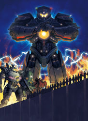  4.211_brass_knuckles assault_mount_3.25_sting-blades brass_knuckles cannon cherno_alpha chest_cannon crimson_typhoon electricity energy_cannon fire giant_robot gipsy_danger glowing highres hiko_roki holding_hands jaeger_(pacific_rim) kaiju_wall legendary_pictures lightning lights mecha multiple_boys multiple_girls one-eyed pacific_rim pan_pacific_defense_corps robot roll_of_nickels_(pacific_rim) striker_eureka weapon wrist_blades 