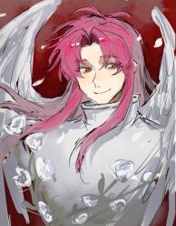  1boy antenna_hair chinese_commentary closed_mouth commentary_request eyes_visible_through_hair feathered_wings feitian_yimian_shen_jiao_wan_sui hatsutori_hajime highres long_hair male_focus pink_hair red_eyes saibou_shinkyoku shirt sketch smile solo upper_body white_shirt white_wings wings 