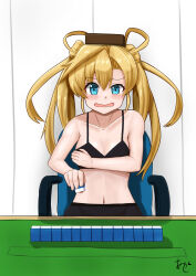  1girl abukuma_(kancolle) akashieru black_bra black_shorts blue_eyes bra breasts brick chair commentary_request covering_breasts covering_privates double_bun hair_bun hair_rings highres kantai_collection long_hair mahjong mahjong_tile navel object_on_head one-hour_drawing_challenge open_mouth shorts sitting small_breasts solo strip_game strip_mahjong twintails underwear upper_body 