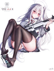  1girl absurdres aperture assault_rifle blue_archive blush bow bowtie breasts brown_thighhighs character_name flashbang full_body grey_hair grey_shirt grey_skirt gun halo head_wings highres holding holding_gun holding_weapon id_card large_breasts long_hair long_sleeves looking_at_viewer no_shoes panties pantyshot red_bow red_bowtie red_eyes rifle school_uniform shirt sig_mcx sig_sauer signature single_head_wing skirt soles solo suzumi_(blue_archive) thighhighs toes underwear weapon white_background white_panties white_wings wings  rating:Sensitive score:9 user:danbooru