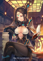  1girl arm_rest artist_name black_hair black_nails blue_eyes book book_stack bookshelf breasts cape center_opening cleavage covered_navel crossed_legs diadem eyeshadow hair_ornament head_tilt holding holding_book indoors lace large_breasts legs library long_hair long_sleeves looking_at_viewer luoxuan_jingjie_xian lvans makeup nail_polish open_book original parted_bangs pinstripe_pattern signature sitting sleeves_past_wrists smile solo staff striped watermark web_address 
