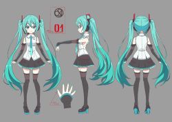  1girl aqua_eyes aqua_hair aqua_nails aqua_necktie artist_request bare_shoulders black_skirt black_sleeves black_thighhighs character_sheet commentary crossover detached_sleeves from_behind from_side grey_background hair_ornament hatsune_miku hatsune_miku_(vocaloid4) headphones headset high_heels highres jashin-chan_dropkick layered_sleeves long_hair miniskirt multiple_views nail_polish necktie official_art outstretched_arm pleated_skirt shirt shoulder_tattoo skirt sleeveless sleeveless_shirt sleeves_past_wrists smile tattoo thighhighs twintails v4x very_long_hair vocaloid white_shirt zettai_ryouiki  rating:General score:17 user:danbooru