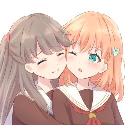  2girls :3 ;o ^_^ absurdres aqua_eyes blush brown_dress brown_hair cheek-to-cheek closed_eyes closed_mouth commentary crossed_bangs dress fujishima_megumi hair_ornament hasu_no_sora_school_uniform heads_together highres hinoshita_kaho hug hug_from_behind link!_like!_love_live! long_hair long_sleeves looking_at_another love_live! medium_hair multiple_girls neckerchief one_eye_closed open_mouth orange_hair rabbit_hair_ornament red_neckerchief sailor_collar sailor_dress school_uniform simple_background split_mouth two_side_up upper_body virtual_youtuber white_background white_sailor_collar winter_uniform yuri yutuki_ame 