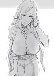 1girl belt blush breasts bursting_breasts buttons cowboy_shot dress_shirt earrings covered_erect_nipples eyes_visible_through_hair greyscale tucking_hair hand_in_own_hair highres huge_breasts jewelry leaning_forward looking_at_viewer monochrome nakamura_regura necklace original pants parted_lips shirt short_hair sleeves_rolled_up smile solo standing watch wristwatch rating:Sensitive score:66 user:danbooru