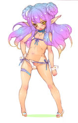  1boy androgynous bikini bulge crossdressing dry6 erection erection_under_clothes high_heels long_hair male_focus obata_yayoi open_mouth original pointy_ears purple_hair sketch solo standing swimsuit trap yellow_eyes 