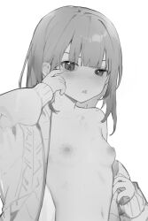  1girl bite_mark bite_mark_on_breast bite_mark_on_neck blush breasts cardigan greyscale loli long_hair long_sleeves looking_down monochrome navel nipples open_cardigan open_clothes original simple_background small_breasts solo sweat tongue tongue_out upper_body wani4ni white_background  rating:Questionable score:30 user:danbooru