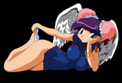  1990s_(style) 1girl angel_wings bakuretsu_hunters black_background blunt_bangs bracelet breasts bun_cover china_dress chinese_clothes daughter_(bakuretsu_hunters) double_bun dress full_body gotou_keiji hair_bun head_rest impossible_clothes impossible_dress jewelry large_breasts lowres lying official_art on_side pointy_ears purple_hair retro_artstyle shoes short_dress simple_background solo thighs wings  rating:Sensitive score:17 user:danbooru
