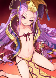  1girl assassin_of_the_nocturnal_castle black_bow blush bow collarbone earrings fate/grand_order fate_(series) female_focus flat_chest gold_trim groin half-closed_eyes holding jewelry loli long_hair long_sleeves matanonki midriff navel no_panties pelvic_curtain purple_eyes purple_hair sitting solo stomach very_long_hair wu_zetian_(fate)  rating:Questionable score:136 user:Domestic_Importer