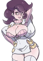  10s 1girl arm_behind_head bad_id bad_pixiv_id big_hair breasts brown_hair cleavage_cutout clothing_cutout collarbone creatures_(company) crescent dress earrings game_freak glasses green_eyes highres jewelry large_breasts long_hair maniacpaint nintendo plump pokemon pokemon_sm ribbed_sweater short_dress sketch smile solo star_(symbol) star_earrings sweater thighhighs turtleneck wicke_(pokemon) zettai_ryouiki  rating:Questionable score:84 user:HeroGirls
