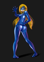  1girl ass blonde_hair bodysuit breasts elissa_megan_powers empowered feet female_focus full_body hamaccho long_hair looking_back mask skin_tight solo 