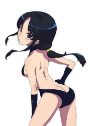 1girl ass bare_back black_hair bow breasts butt_crack creatures_(company) game_freak german_yajirobee gloves gym_leader hair_bow hand_on_own_hip hip_focus legs lily_(pokemon) lily_(pokemon_classic_anime) lips long_hair looking_at_viewer looking_back nintendo one-piece_swimsuit pokemon pokemon:_the_electric_tale_of_pikachu ponytail sideboob simple_background small_breasts solo swimsuit white_background 