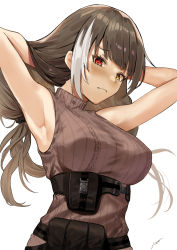  1girl armpits arms_behind_head arms_up black_hair blush breasts girls&#039;_frontline heterochromia highres long_hair looking_at_viewer medium_breasts multicolored_hair pooor pouch red_eyes ribbed_sweater ro635_(girls&#039;_frontline) signature simple_background sleeveless sleeveless_turtleneck solo streaked_hair sweater turtleneck twintails white_hair yellow_eyes  rating:Sensitive score:28 user:danbooru