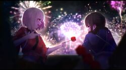  2girls absurdres aerial_fireworks artist_name black_hair blonde_hair blue_kimono blurry blush bob_cut candy_apple commentary depth_of_field english_commentary finger_gun fireworks food highres inoue_takina inverted_bob japanese_clothes kimono letterboxed long_hair looking_at_another lycoris_recoil multiple_girls night nishikigi_chisato obi official_alternate_costume open_mouth purple_eyes red_eyes red_kimono rnna sash short_hair short_sleeves sidelocks smile tasuki twintails 