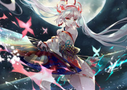  1girl bangs bare_shoulders character_request checkered_obi detached_sleeves double_bun earrings fan floating_hair full_moon hairband highres holding holding_fan japanese_clothes jewelry kimono long_hair looking_at_viewer moon nail_polish night night_sky onmyoji red_headwear red_nails silver_hair sky solo star_(sky) starry_sky twintails vardan very_long_hair white_kimono wide_sleeves 