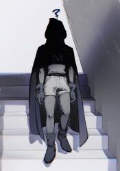  1boy ? airrrrrdy cape child cloak commentary english_commentary faceless faceless_male full_body gloves highres hood hooded_cloak kenny_mccormick male_focus mysterion on_stairs shadow solo south_park superhero_costume 