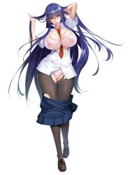 1girl akiyama_rinko aoi_nagisa_(metalder) blue_hair blush breasts clothes_pull condom condom_in_mouth condom_wrapper full_body highres large_breasts lilith-soft long_hair mouth_hold nipples official_art panties pantyhose purple_eyes school_uniform skirt skirt_pull solo taimanin_(series) taimanin_rpgx underwear rating:Questionable score:96 user:deltaonix