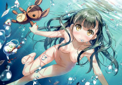  1girl absurdres air_bubble barefoot blunt_bangs blush breasts breath bubble card diving drink dutch_angle feet female_focus flower freediving green_hair hair_flower hair_ornament highres holding holding_breath kantoku liquid long_hair looking_at_viewer medium_breasts nagisa_(kantoku) navel nipples nude nude_filter original outstretched_arm parted_lips pussy solo stuffed_animal stuffed_toy submerged swimming tea teapot teddy_bear third-party_edit toes two_side_up uncensored underwater yellow_eyes  rating:Explicit score:120 user:sytalidis