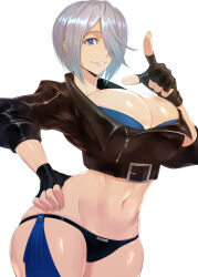  1girl angel_(kof) artist_name blue_eyes breasts bursting_breasts fingerless_gloves gloves grey_hair hand_on_own_hip highres index_finger_raised ippo large_breasts legs looking_at_viewer midriff navel parted_lips short_hair smile snk the_king_of_fighters thick_thighs thighs toned  rating:Sensitive score:18 user:spk