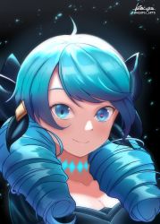 1girl absurdres artist_name black_background black_bow blue_hair bow breasts cleavage collarbone drill_hair glowing gradient_background green_eyes gwen_(league_of_legends) hair_bow highres ken-pai_(kenpai_arts) large_breasts league_of_legends long_hair looking_at_viewer portrait signature smile solo twin_drills rating:Sensitive score:5 user:danbooru