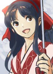  1girl ainu_clothes breasts brown_eyes hair_ribbon highres holding holding_umbrella long_hair looking_at_viewer nakoruru open_mouth ribbon samurai_spirits small_breasts smile snk the_king_of_fighters umbrella 