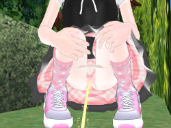 1girl 3d 3d_custom_girl black_shirt black_skirt bow brown_hair bush eroi_hito grass grey_footwear hands_on_own_knees head_out_of_frame loli long_hair panties panty_pull peeing pink_footwear pink_skirt pink_socks plaid plaid_skirt print_socks pussy shirt shoes short_sleeves skirt sneakers socks squatting star_(symbol) star_print twintails uncensored underwear white_panties rating:Explicit score:21 user:cpee