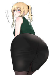 1girl absurdres ass ass_focus bare_shoulders bent_over black_skirt blonde_hair blue_eyes blush brown_pantyhose cross cross_earrings earrings from_behind genshin_impact gusuta highres jean_(genshin_impact) jewelry long_hair looking_back office_lady pantyhose parted_lips pencil_skirt ponytail ribbed_sweater simple_background skirt sleeveless sleeveless_sweater solo sweater text_focus thighs translation_request white_background rating:Sensitive score:76 user:danbooru