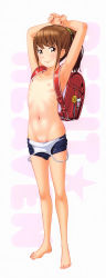 1girl :3 absurdres armpits arms_up backpack bag bag_charm barefoot blue_one-piece_swimsuit blush brown_eyes brown_hair charm_(object) cleft_of_venus clothes_pull competition_school_swimsuit copyright_name feet flat_chest from_side full_body groin hair_ribbon high_ponytail highres light_smile loli mana_(petit_heaven) navel nipples no_bra no_panties one-piece_swimsuit one-piece_swimsuit_pull one-piece_tan original own_hands_together petit_heaven ponytail pussy pussy_peek randoseru ribbon ribs scan school_swimsuit senke_kagerou short_ponytail sidelocks smile solo standing swimsuit tan tanline toes topless uncensored white_background rating:Explicit score:190 user:huzzaman