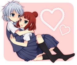 2girls black_legwear heart highres hug kosegawa_shiromi kuromu_(cr0711) multiple_girls open_mouth saki_(manga) school_uniform smile usuzawa_sae yuri