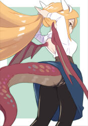  1girl arms_behind_back backless_shirt belt black_pantyhose blonde_hair blue_skirt breasts clothing_cutout commentary_request dragon_girl dragon_tail dragon_wings dragonewt_(monmusu_gladiator) feet_out_of_frame floating_hair from_behind green_background highres horns inconvenient_tail large_breasts long_hair long_sleeves looking_at_viewer monmusu_gladiator outside_border pantyhose picogames_off profile red_wings shirt shirt_tucked_in sideways_glance skirt solo standing tail tail_through_clothes torn_clothes torn_pantyhose tying_hair very_long_hair white_horns white_shirt wings yellow_eyes 