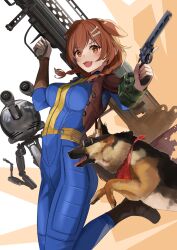  1girl :3 :d alternate_costume animal animal_ears arms_up black_footwear blue_bodysuit bodysuit bone_hair_ornament boots breasts brown_hair commentary dog dog_ears dog_girl dogmeat fallout_(series) fallout_4 fang german_shepherd goggles gun hair_ornament handgun holding holding_weapon hololive inugami_korone large_breasts long_sleeves looking_at_viewer mister_handy_(fallout) open_mouth over_shoulder pip_boy red_scarf revolver scarf smile sora_no_tori trigger_discipline v-shaped_eyebrows virtual_youtuber weapon weapon_over_shoulder 