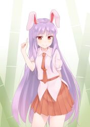  1girl animal_ears arm_behind_back bamboo carrot_pin closed_mouth collared_shirt commentary_request cowboy_shot hand_up highres index_finger_raised kanpa_(campagne_9) light_blush light_smile long_hair looking_at_viewer necktie pleated_skirt puffy_short_sleeves puffy_sleeves purple_hair rabbit_ears red_eyes red_necktie red_sash red_skirt reisen_udongein_inaba sash shirt short_sleeves sidelocks skirt solo standing straight_hair touhou very_long_hair white_shirt 