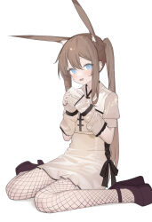  1girl :d absurdres amiya_(arknights) animal_ear_fluff animal_ears arknights baozi blue_eyes blush brown_footwear brown_hair commentary_request dress fishnet_pantyhose fishnets food full_body hair_between_eyes high_heels highres holding holding_food long_hair looking_at_viewer nagisa_(cxcx5235) open_mouth pantyhose platform_footwear platform_heels ponytail puffy_short_sleeves puffy_sleeves rabbit_ears shadow short_sleeves sidelocks simple_background sitting smile solo very_long_hair wariza white_background white_dress 