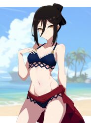  1girl absurdres ai-assisted beach bikini black_hair blue_bikini blurry blurry_background breasts brown_eyes cowboy_shot folded_ponytail gluteal_fold guilegaze hair_between_eyes hand_on_own_chest highres looking_at_viewer morag_ladair_(xenoblade) navel red_sash sash small_breasts solo swimsuit twintails xenoblade_chronicles_(series) xenoblade_chronicles_2 