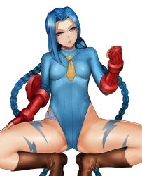  1girl blue_hair boots braid breasts cammy_white cammy_white_(cosplay) clenched_hand cosplay fingerless_gloves gloves hand_on_thigh highleg highleg_leotard jinx_(league_of_legends) league_of_legends leotard long_hair metalbolic necktie pink_eyes ribbed_leotard simple_background solo spread_legs squatting street_fighter street_fighter_zero_(series) tattoo twin_braids very_long_hair white_background  rating:Questionable score:51 user:Moth